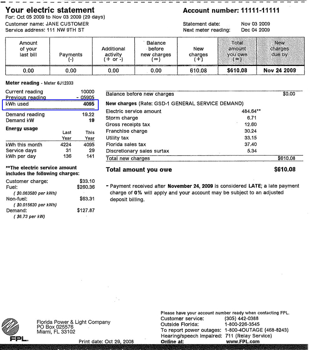 Find the kilowatt hours used in the Meter Reading section of your bill. 